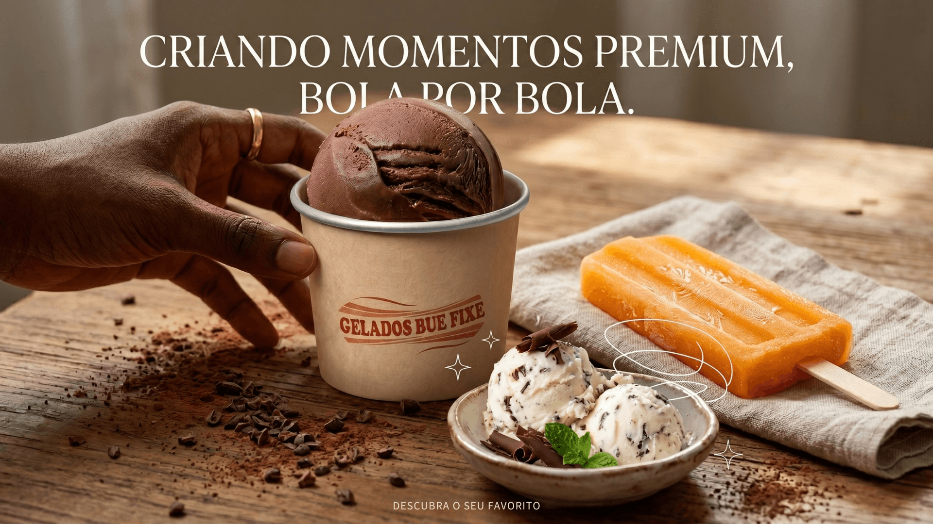 Bola de gelado de chocolate premium servida à mão sobre mesa de madeira.